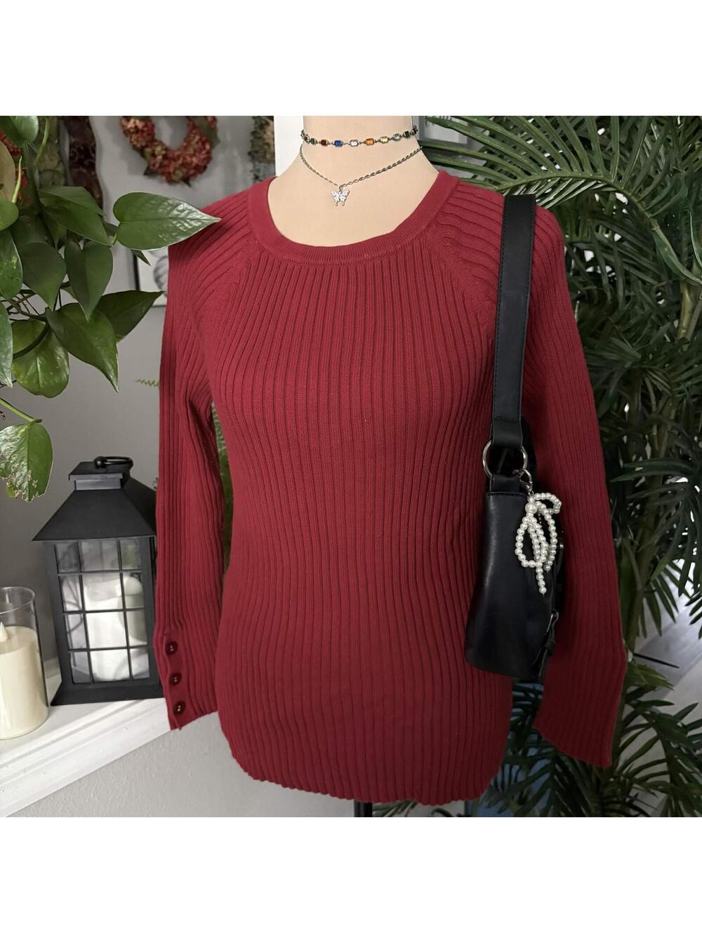 red ribbed fitted sweater